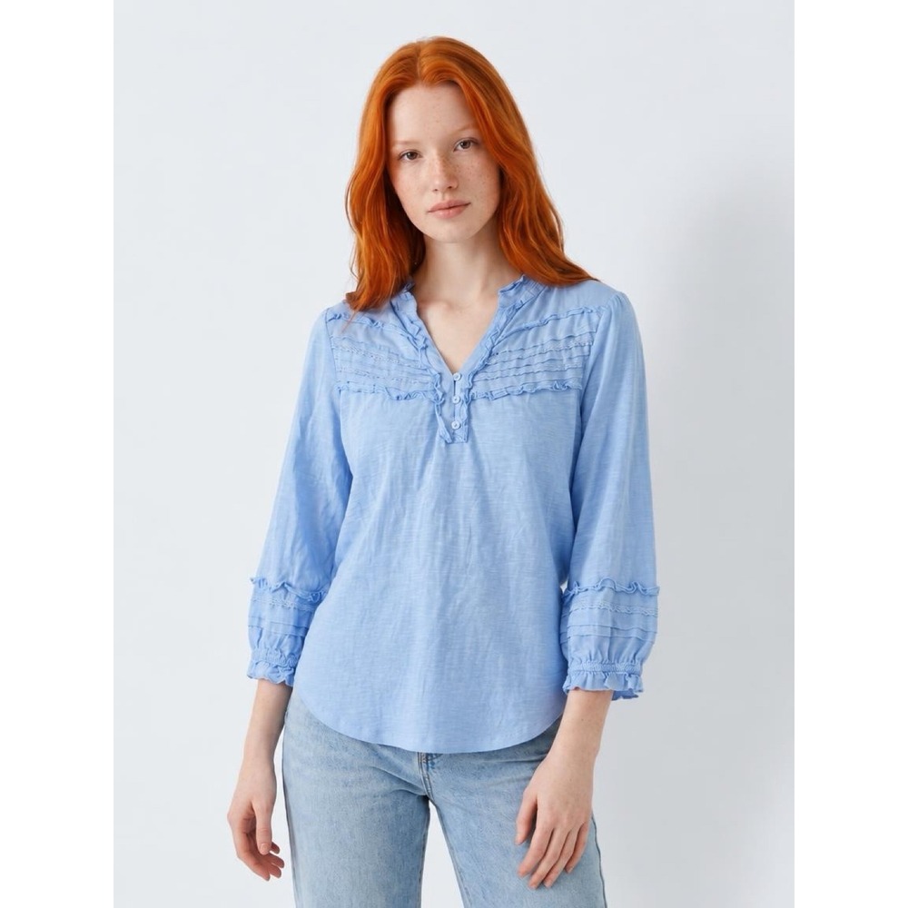 Democracy Womens Sky Blue Ruffle Boho Top Cottagecore prairie chic romantic Sz M